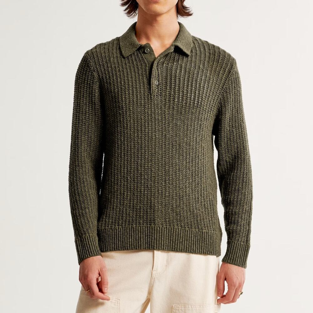 Abercrombie & Fitch Long-Sleeve 3-Button Sweater Knit Green Polo S - Picture 1 of 8
